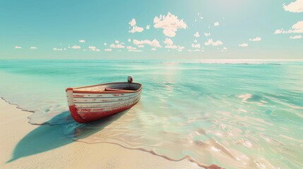 Naklejka premium Beautiful tropical beach with clear turquoise water and a wooden boat on a white sand
