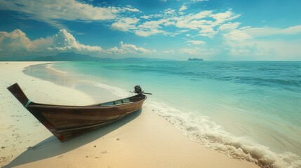  Beautiful tropical beach with clear turquoise water and a wooden boat on a white sand