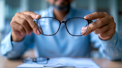 Close-up of man holding eyeglasses while working at desk. The image shows a professional setting with focus on vision correction. Perfect for business, healthcare, or lifestyle concepts. AI