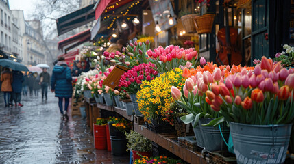 Spring flower market on the street of an old European city. Sale of flowers, bouquets of tulips, close-up. Selective focus.