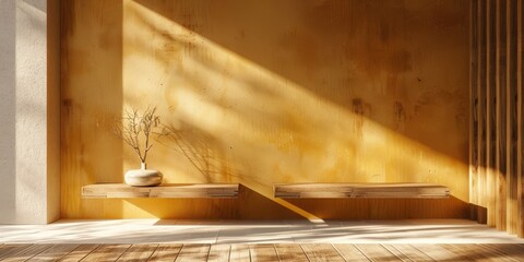 Minimalist Interior Design with Sunbeams and Wooden Shelving