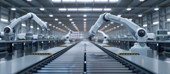Fototapeta premium Group of Robotic Arms on Conveyor Belt in a Modern Factory