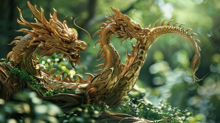 Fototapeta premium Majestic Golden Dragon Sculpture in Lush Forest, Generative AI