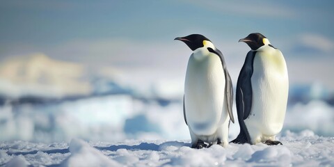 Two emperor penguins standing on the ice in Antarctica
