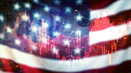 Stock market trading graph with american flag is damage.Effect of recession US economy. Crisis in...