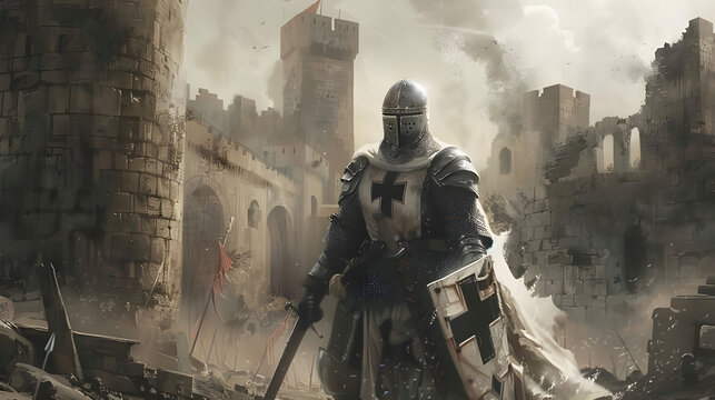 A knight templar standing amidst medieval ruins, illustration.


