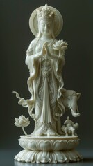 Fototapeta premium Chinese Statue of Samantabhadra Bodhisattva Holding Lotus Flower on White Jade Elephant