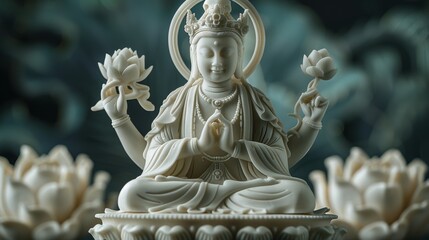 Obraz premium Chinese Statue of Samantabhadra Bodhisattva Holding Lotus Flower on White Jade Elephant