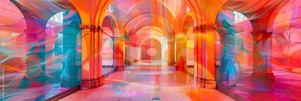 Poster captivating corridor of kaleidoscopic light and surreal symmetry a visually stunning architectural o