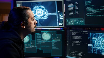 Hacker using AI machine learning on computer to produce malware corrupting data. Scammer working on...