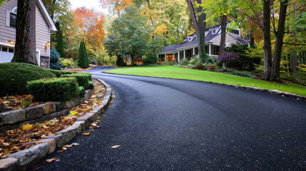 Obraz premium A winding asphalt driveway leads to a suburban home surrounded by lush greenery and colorful fall foliage