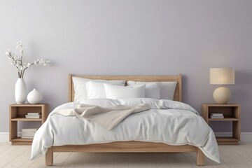 Modern Minimalist Bedroom with Wooden Furniture. Cozy Bedroom Interior with Neutral Tones