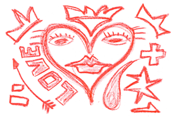 Grunge hand draw shape heart, face and crown, icon isolated on white, red marker	