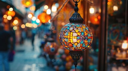 Colorful mosaic lamp in front of blurred souvenir shop popular gift idea