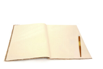 Retro writing equipment with ink nib pen, and hemp notebook stationery on white background. Old fashioned letter, document, journal, manuscript concept.