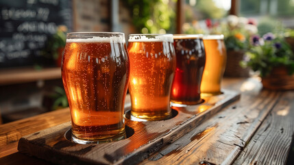 Four glasses of beer, each a unique hue, rest on a rustic wooden table. They stand ready for an afternoon of enjoyment