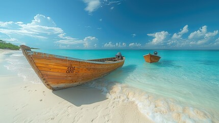 Fototapeta premium Beautiful tropical beach with clear turquoise water and a wooden boat on a white sand
