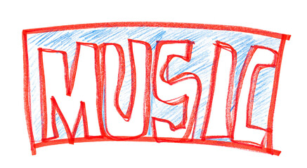 Grunge hand draw shape word music  , icons isolated on white, red marker
