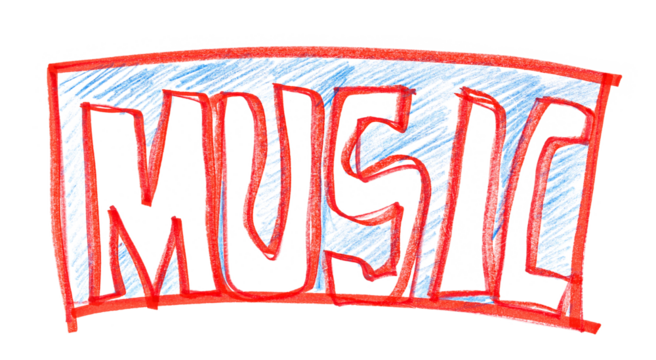 Grunge hand draw shape word music  , icons isolated on white, red marker