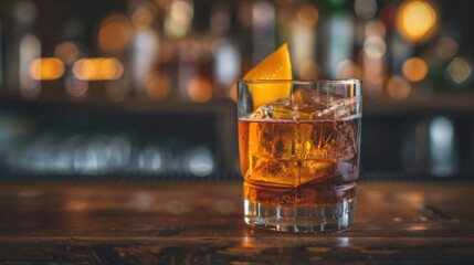 A glass of whiskey with ice and an orange slice garnish sits on a bar counter