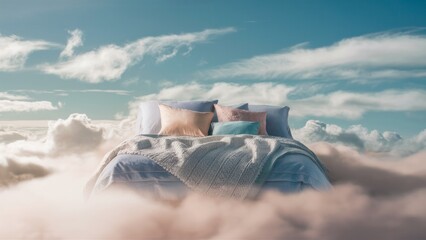 A surreal image of a bed floating among the clouds against a bright blue sky. The bed is decorated with soft pillows and a cozy blanket.Suitable for sleep-related promotion and home decor promotions