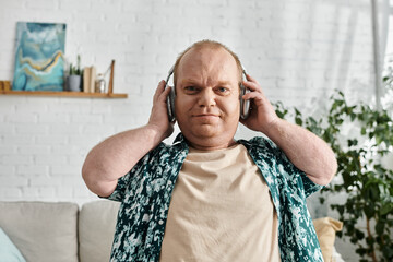 A man with inclusivity wearing headphones listens to music indoors.