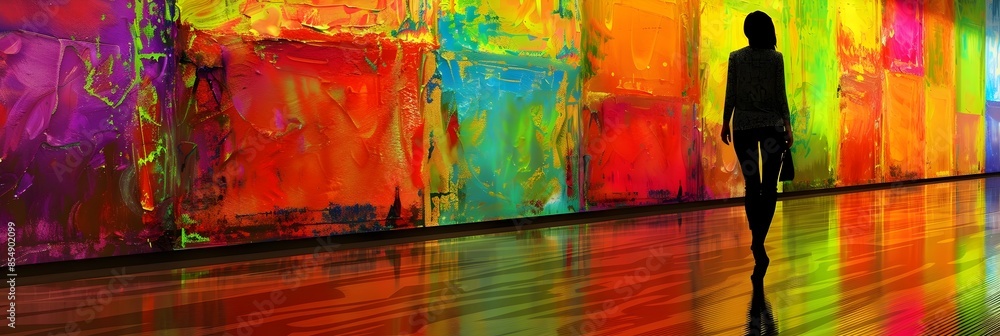 Aufkleber Colorful Abstract Painting with Silhouetted Figure Exploring Dynamic Visual Landscape
