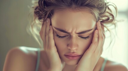 Fototapeta premium Frustrated and overwhelmed young woman rubbing her temples in pain and experiencing a headache or migraine while working at her office desk Concept of mental health issues burnout