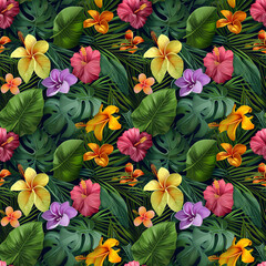 Tropical flowers and leaves pattern