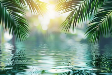 Fototapeta na wymiar Tropical palm leaf on blue water wave texture background