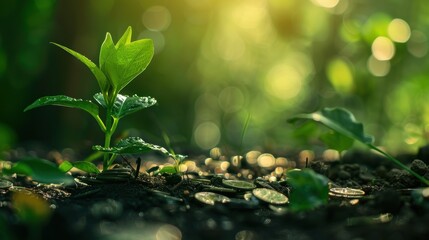A single green plant sprouting through scattered coins in a lush forest setting