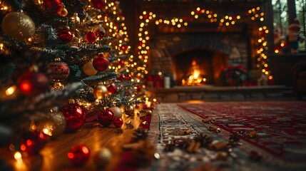 Fototapeta premium Cozy Christmas Scene with Decorated Tree and Fireplace in Intimate Home Interior