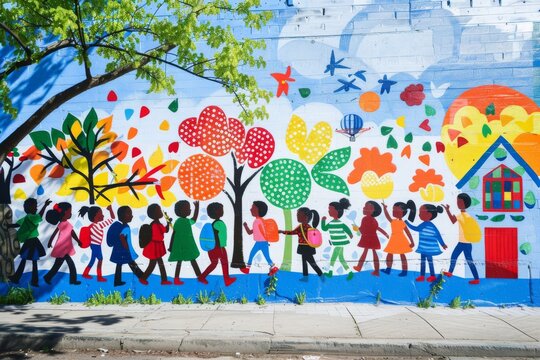 A vibrant mural depicting a cheerful group of children walking towards a school building, set against a pristine white background.