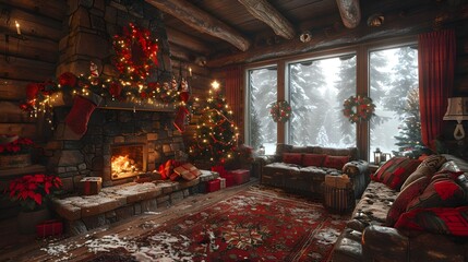 Cozy Log Cabin Christmas Scene with Fireplace and Winter Landscape View