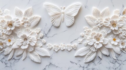 Elegant white marble panel featuring intricate flower silhouettes, a graceful feather design, and a shimmering butterfly, exuding refined natural beauty