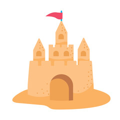 built sand castle with towers and flag