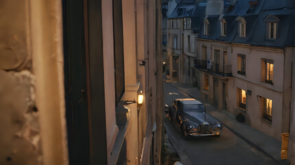 a view of a car parked on a narrow street in a city
