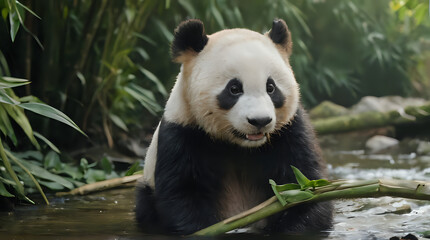 Fototapeta premium panda bear sitting in water with bamboo in mouth and bamboo branch in mouth