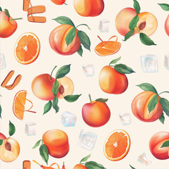 Obraz premium pattern of peaches, umbrellas, flipflops, summer feel, sun, ice cubes