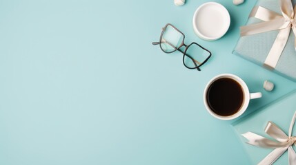 Elegant flat lay for Father's Day, chic gifts, fashionable glasses, and a cup of coffee on a bold blue background, perfect for marketing promotions, stylish and appealing