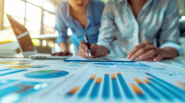 Two business partners collaborating and reviewing financial reports charts and data in a professional office workspace as part of their strategic planning and decision making process