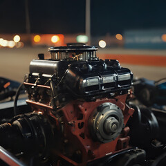 a red engine sitting on top of a black car