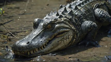 Fototapeta premium crocodile laying in muddy water with open mouth and teeth