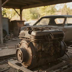 a old engine sitting on a pallet in a garage