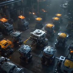 a many trucks that are parked in a warehouse