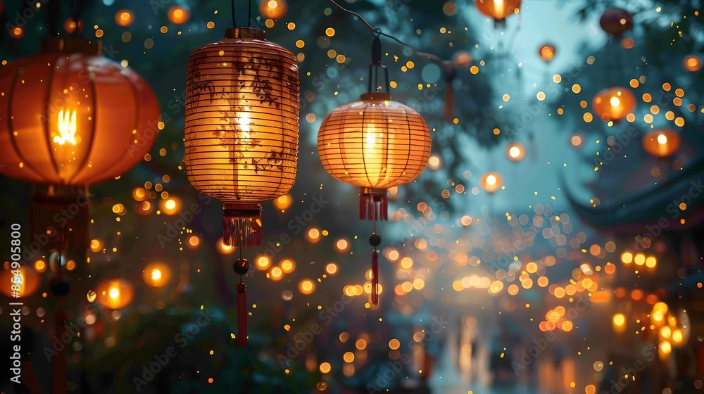 Poster enchanting chinese lanterns floating in a snowy winter wonderland with twinkling lights and magical 