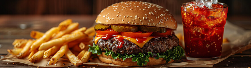 A burger, cheeseburger, hamburger with fries, fast food, lunch, dinner, meal