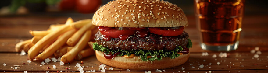 A burger, cheeseburger, hamburger with fries, fast food, lunch, dinner, meal