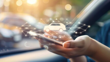 Hands holding smartphone with car icon for ride-sharing app