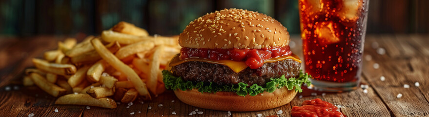 A burger, cheeseburger, hamburger with fries, fast food, lunch, dinner, meal